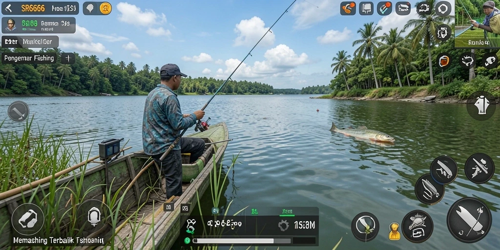 Tampilan gameplay seru saat memancing di danau yang indah.