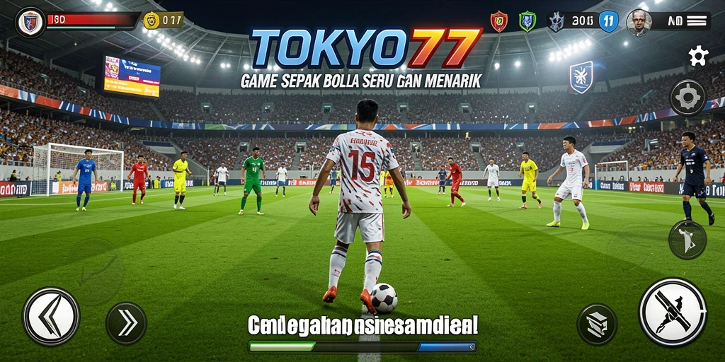 Screenshot gameplay TOKYO77 menunjukkan aksi sepak bola yang mendebarkan.